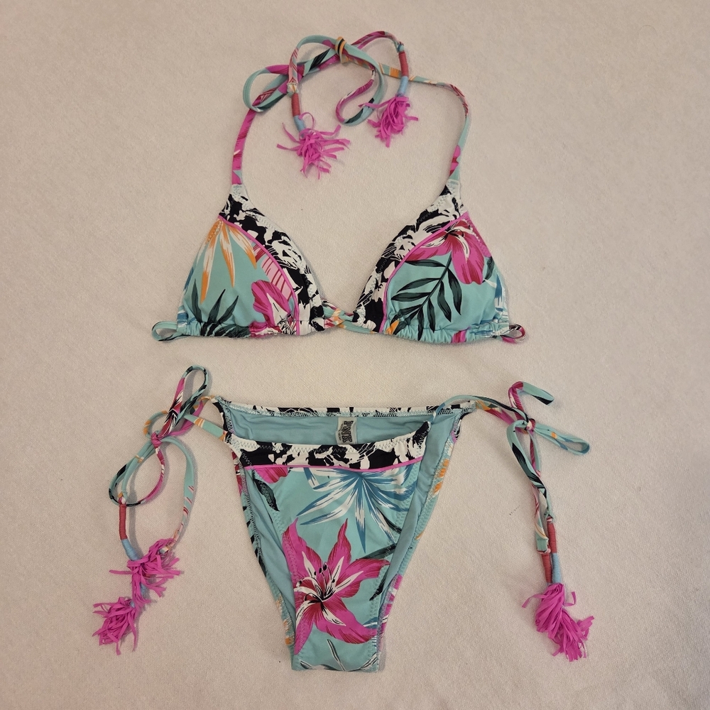 PINK | Victoria's Secret Teal Pink Floral Tropical Tassel Strappy Bikini SZ S/XS - Picture 4 of 11